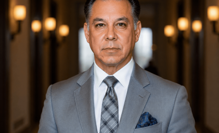 A man in a gray suit and tie standing in a hallway with warm lighting and blurred background.