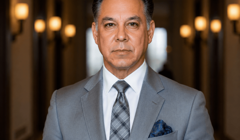 A man in a gray suit and tie standing in a hallway with warm lighting and blurred background.