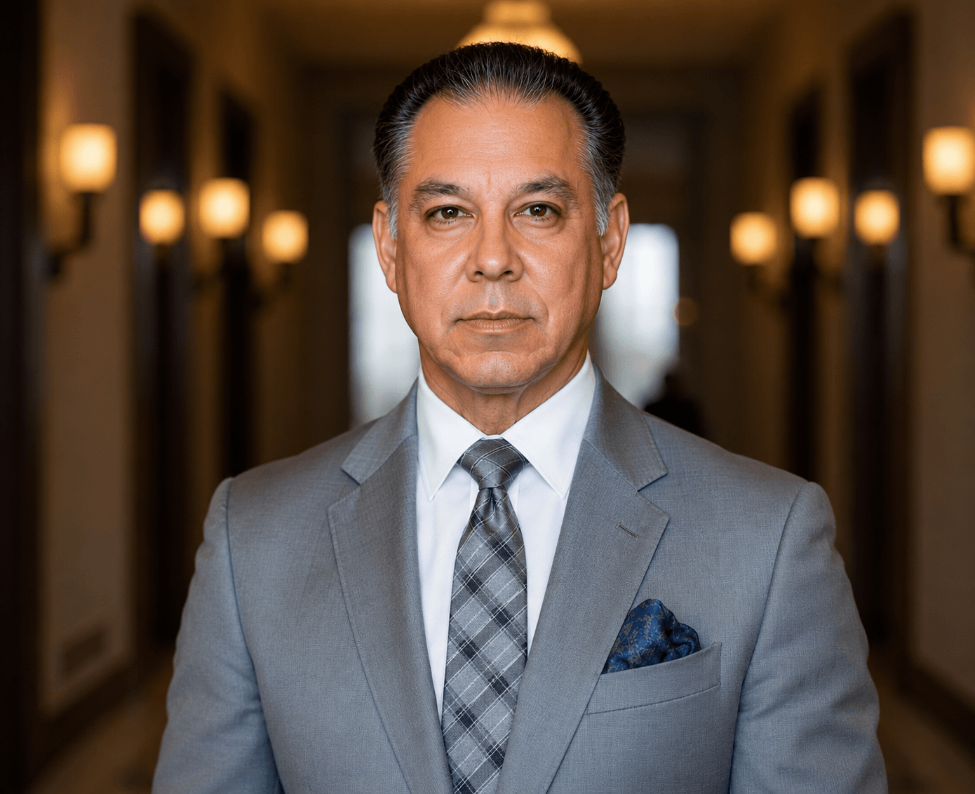 A man in a gray suit and tie standing in a hallway with warm lighting and blurred background.