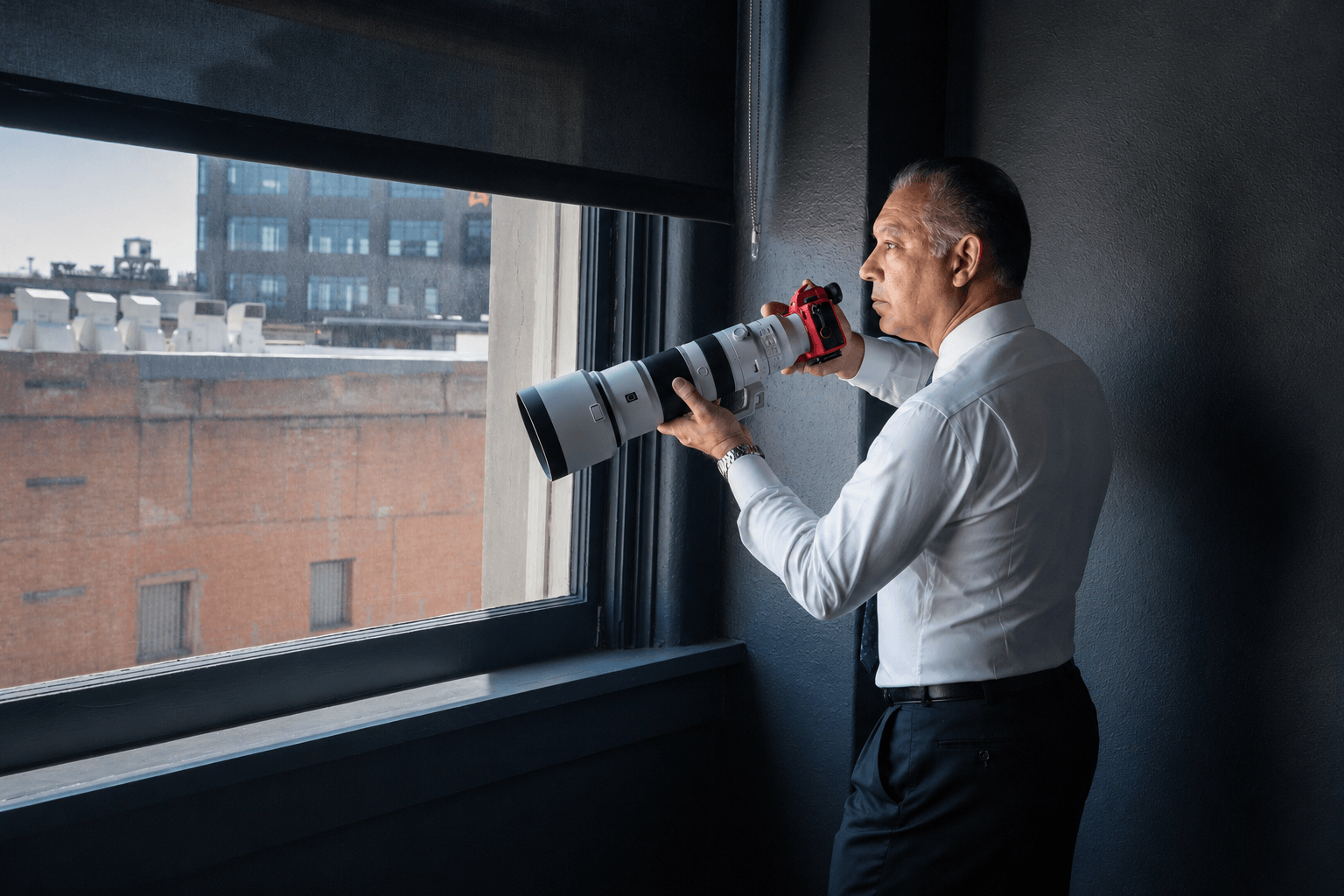 Man in white shirt looking through a telescope at a cityscape from a window, indoors.