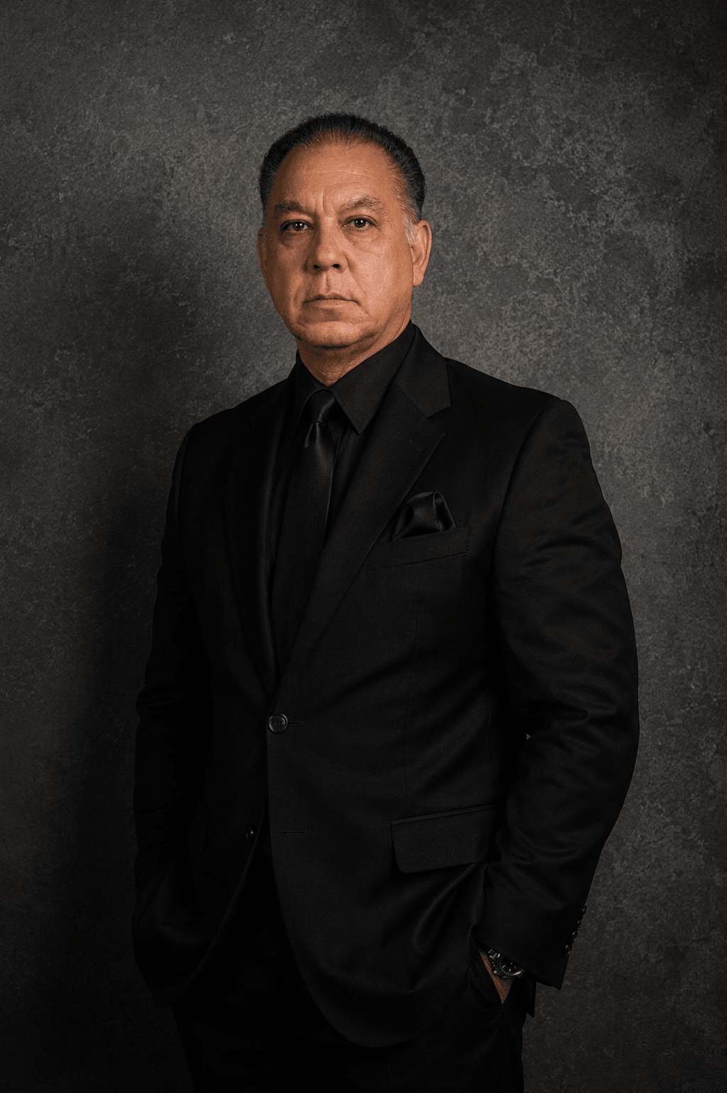 Man in black suit and tie standing against a dark textured background, looking serious, with hands in pockets.