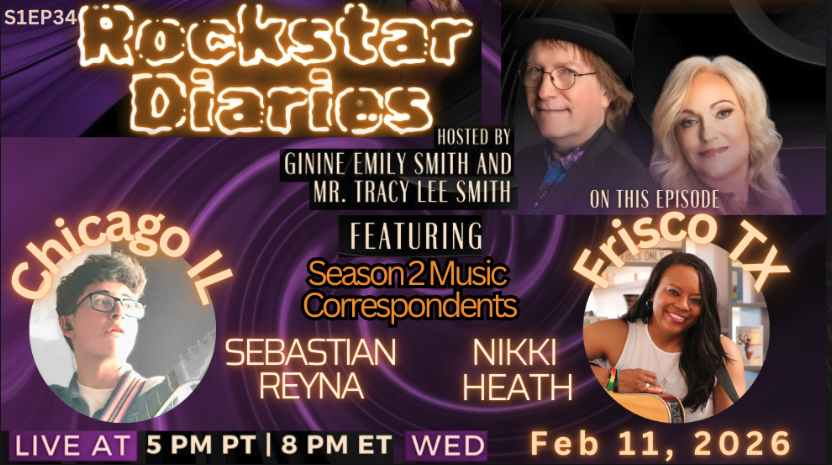 Promotional graphic for Rockstar Diaries episode featuring Chicago and Fresno music correspondents, with hosts and guest photos, date, and time.