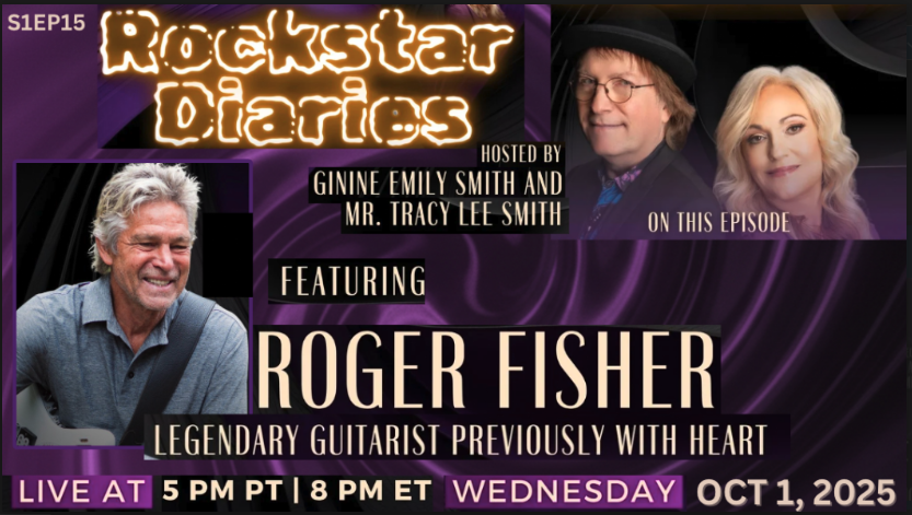 Podcast cover featuring two hosts and musician Roger Fisher, with purple background and text about rockstar diaries episode.
