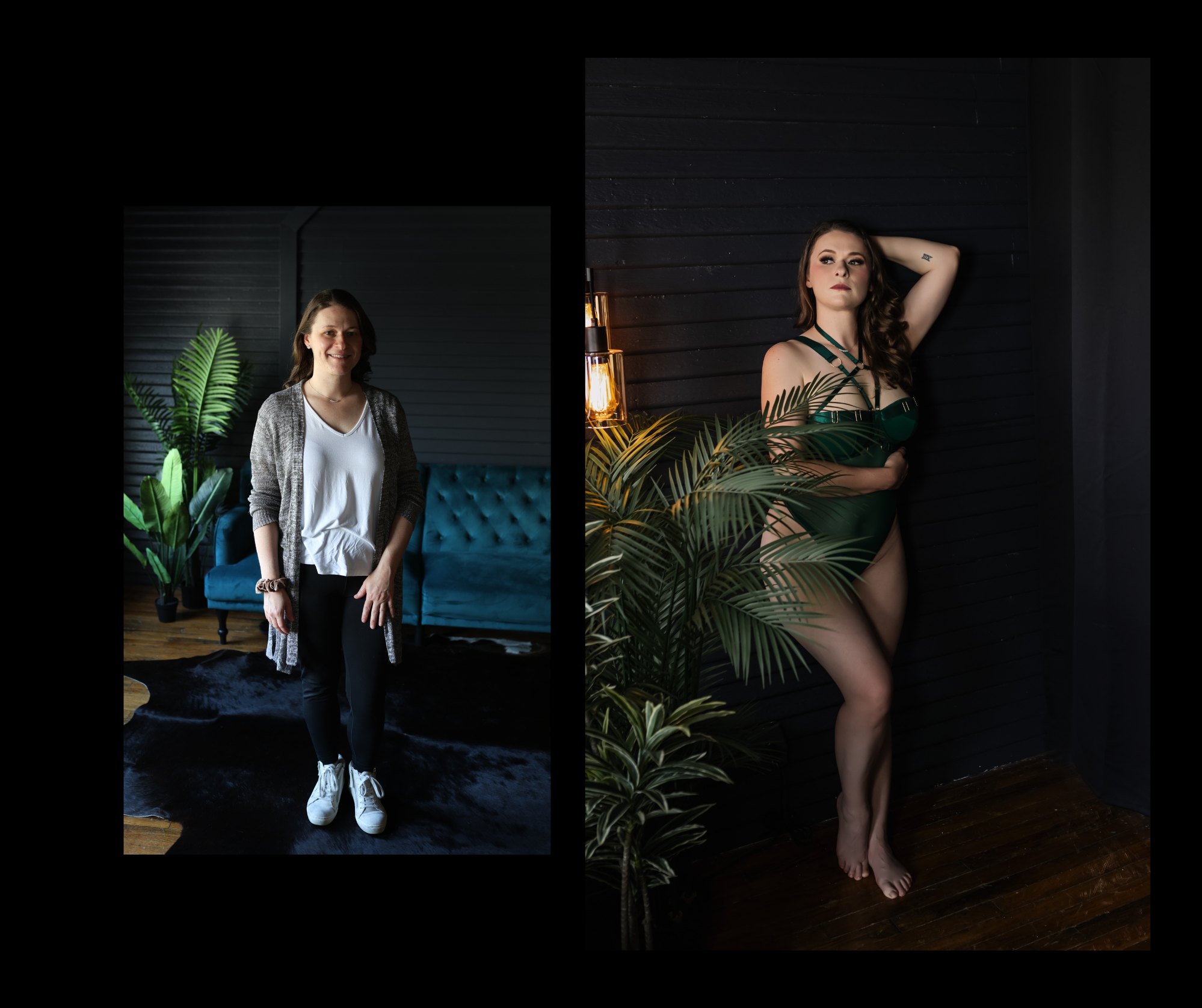 Two women pose indoors, one standing with hands in pockets, the other leaning against a wall with hand on head, surrounded by plants.