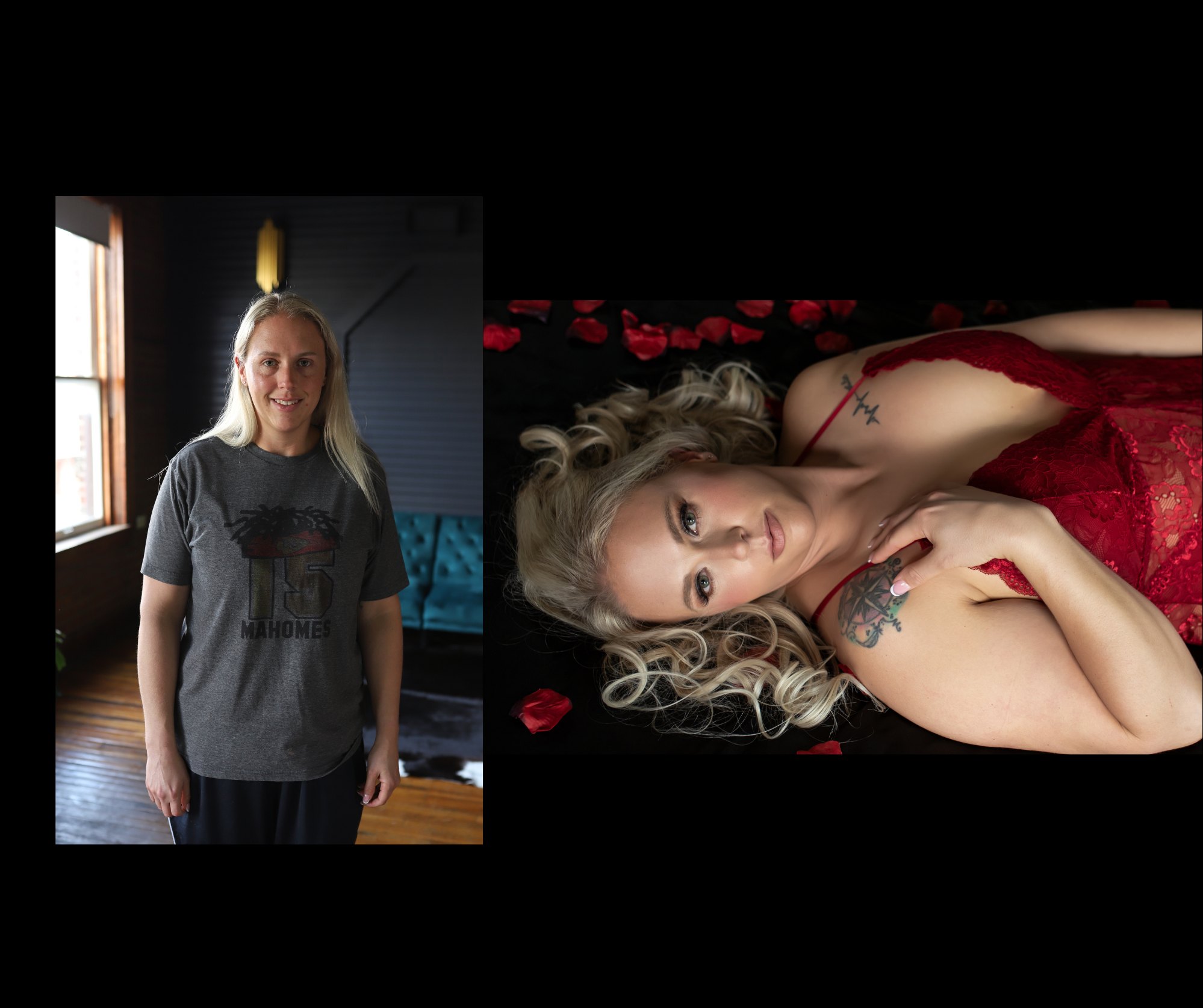 Person with long blonde hair standing indoors, wearing a gray T-shirt, smiling, with a window behind. Person with curly blonde hair lying on a bed with red sheets, tattoos visible, looking at the camera.