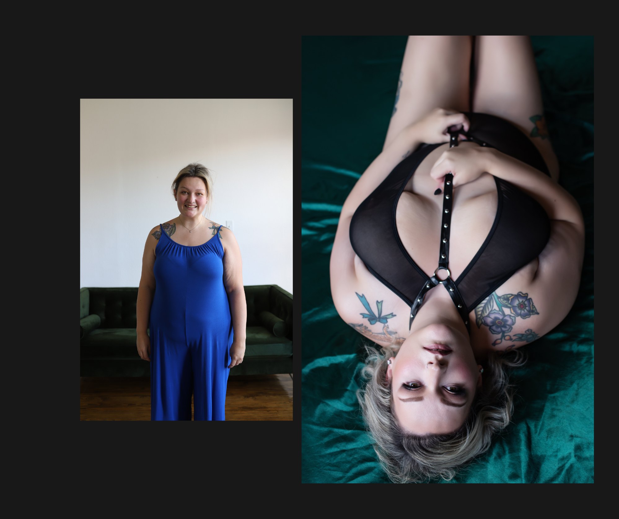 Two women, one standing in a blue dress, the other lying in black lingerie, with tattoos visible. Both are smiling.