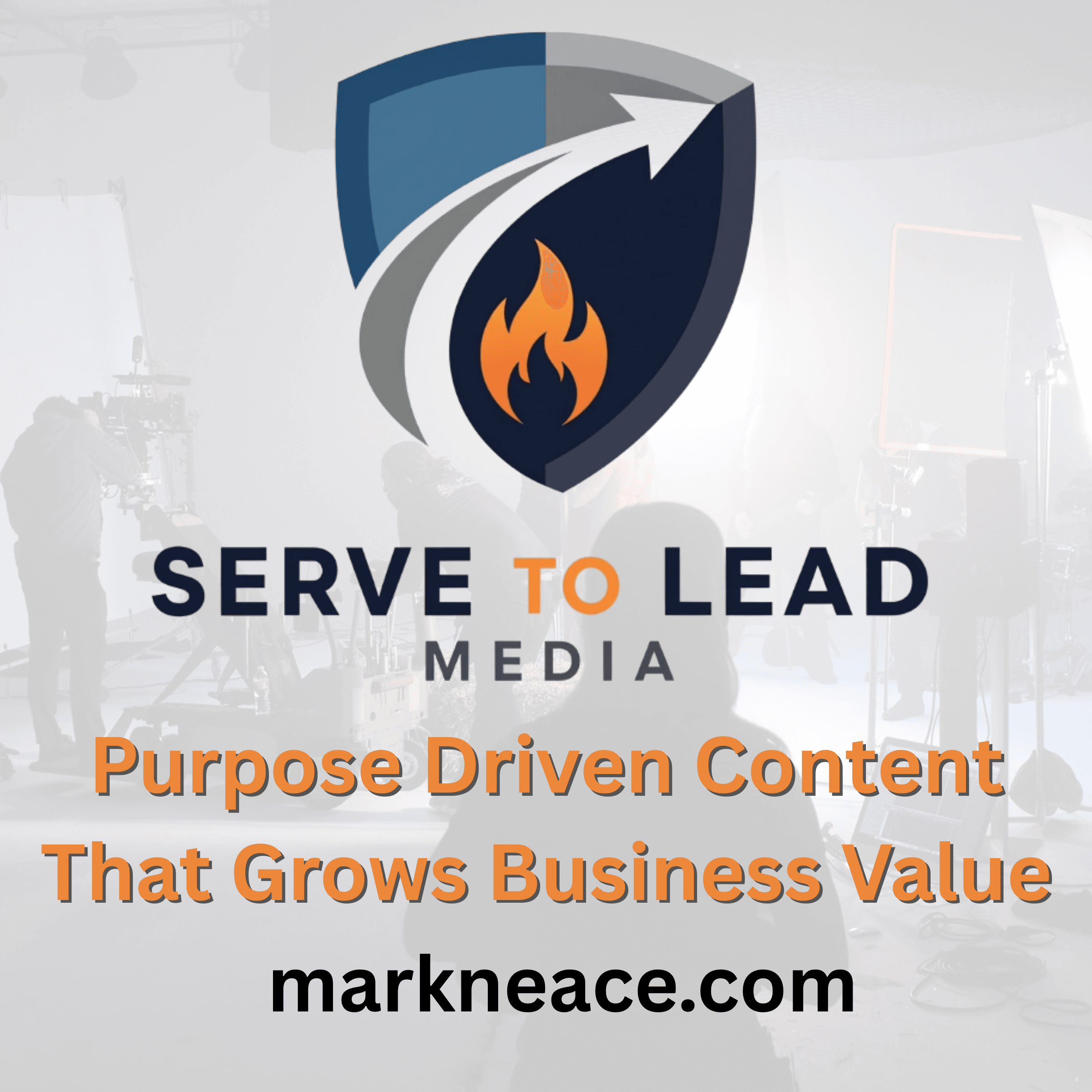 Logo with shield, flame, and arrow, with text about purpose-driven content and business value, and website markneace.com.