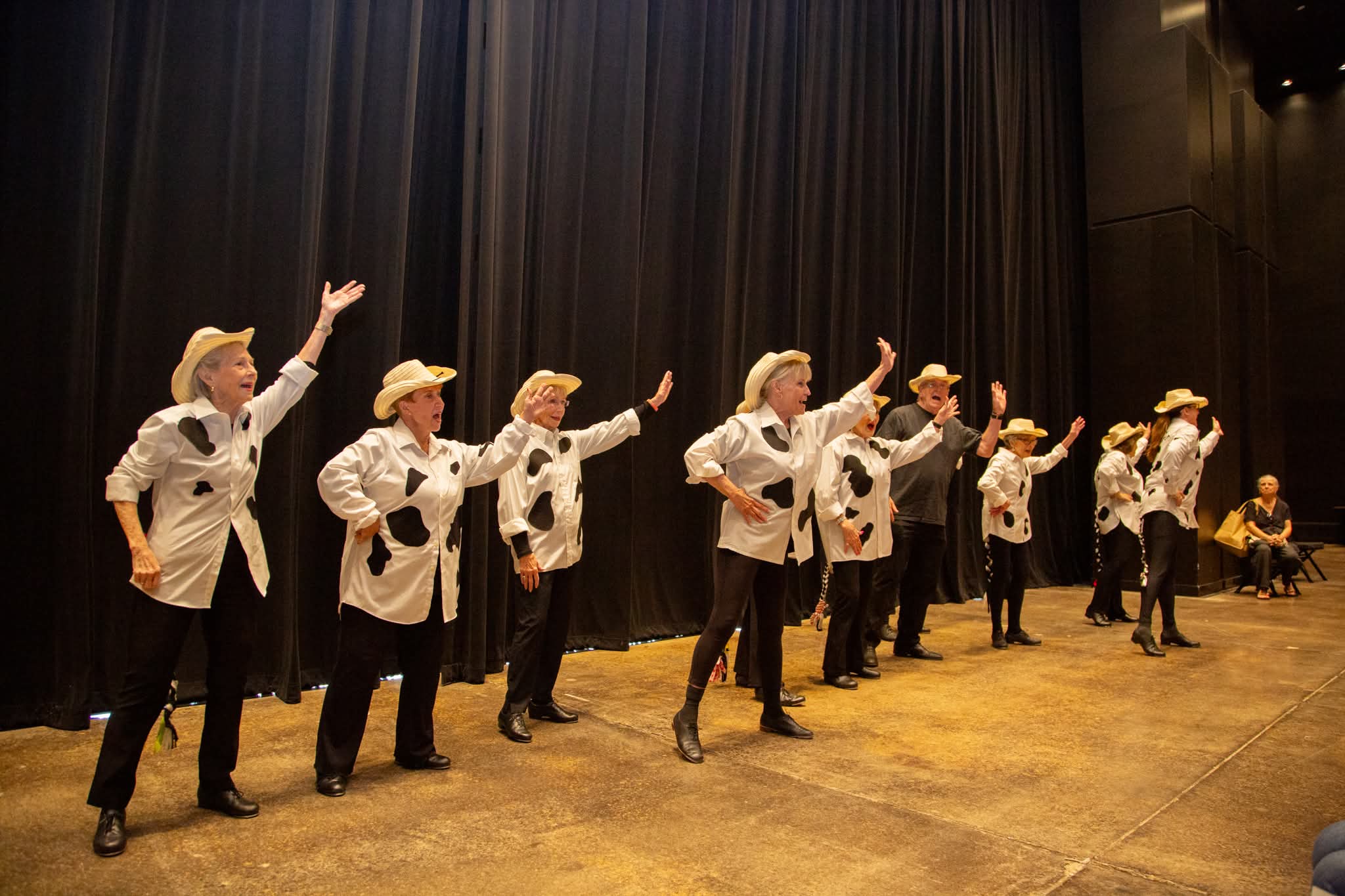 Group of performers in cowboy hats and costumes on stage, raising hands, with a dark curtain backdrop.