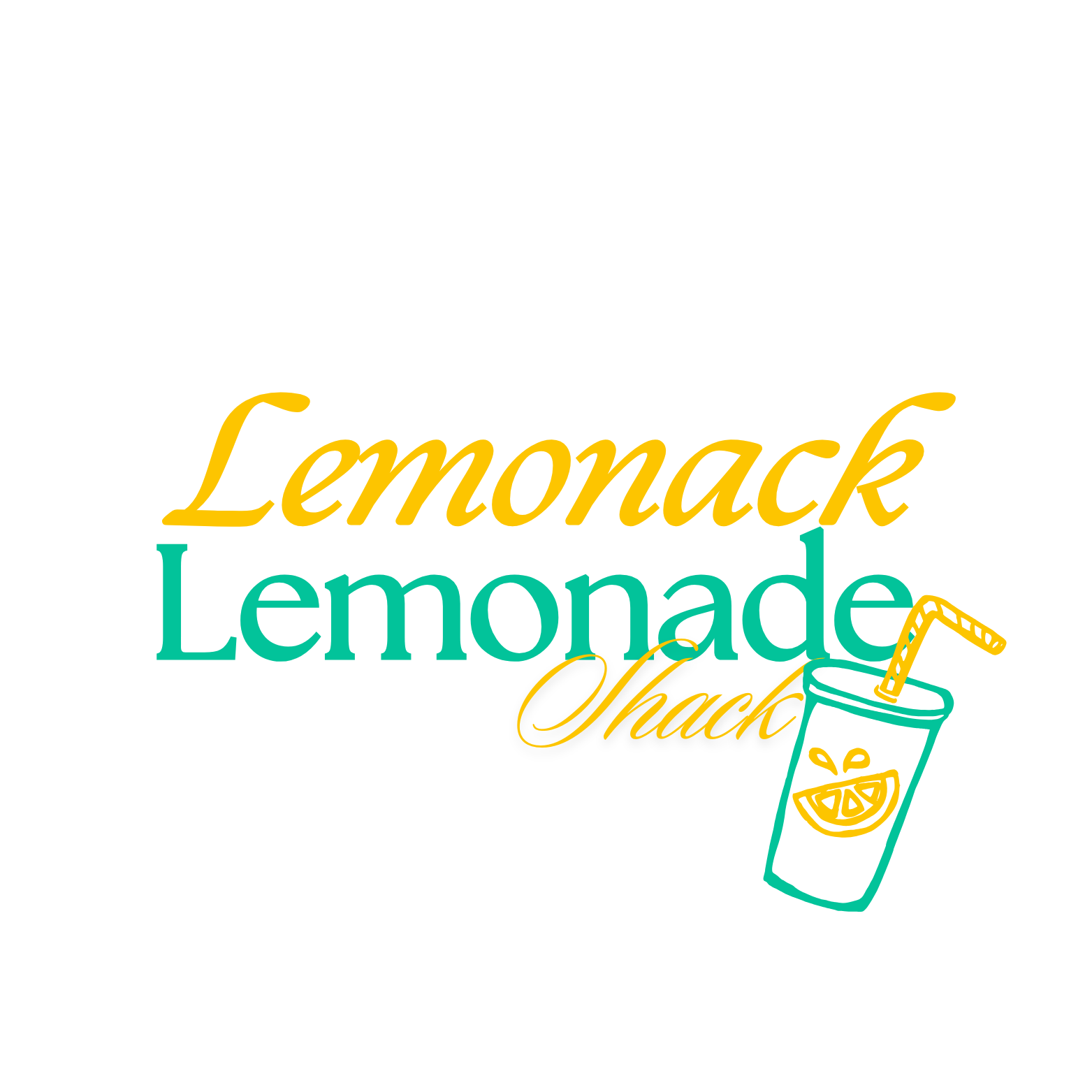 Logo with text 'Lemonack Lemonade Shack' and a stylized glass with lemon and straw, on black background.