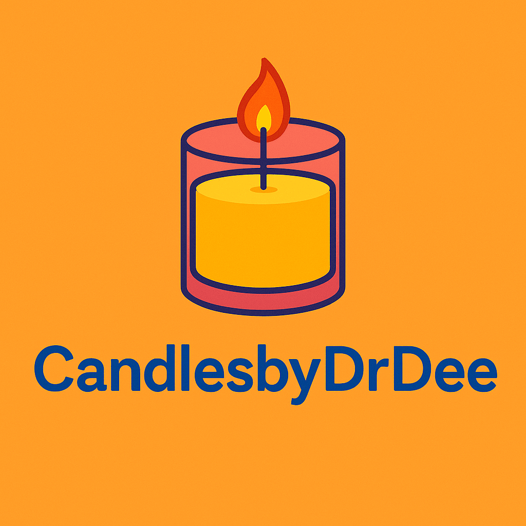 A lit candle inside a glass holder with the text 'Candle sby Dr Dee' below, on an orange background.