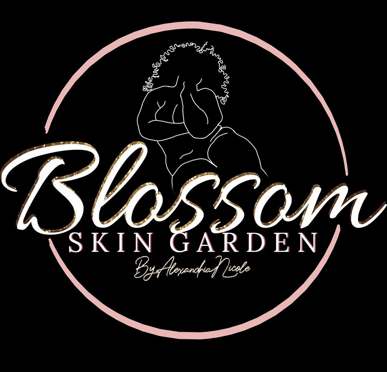 Logo with a line drawing of a woman with curly hair, surrounded by a pink circle, and text reading 'Blossom Skin Garden' and 'By Alexandria Nicole'.