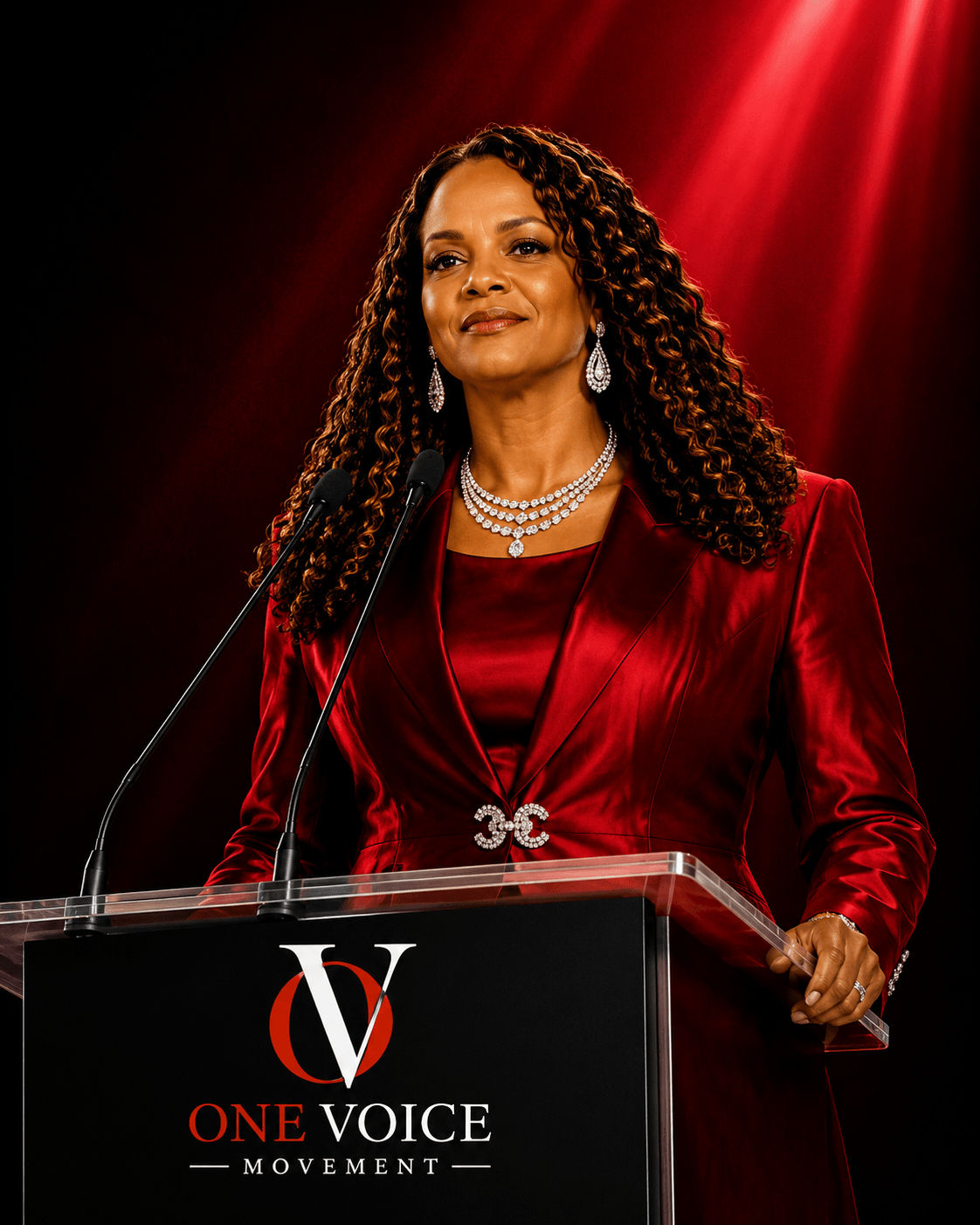 Woman in red velvet dress and jewelry speaking at a podium with 'One Voice Movement' logo, red stage lighting.