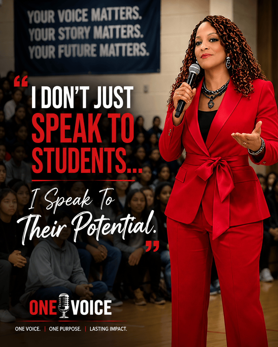 Woman in red suit speaking into microphone in a large room with audience and a banner in the background.