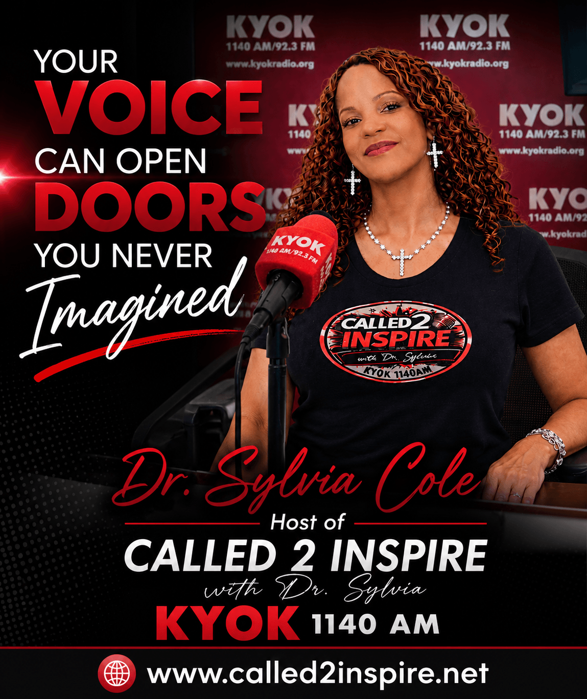 Woman with curly hair speaking into a microphone at a radio station, background with KYOK logos, text about voice and doors.