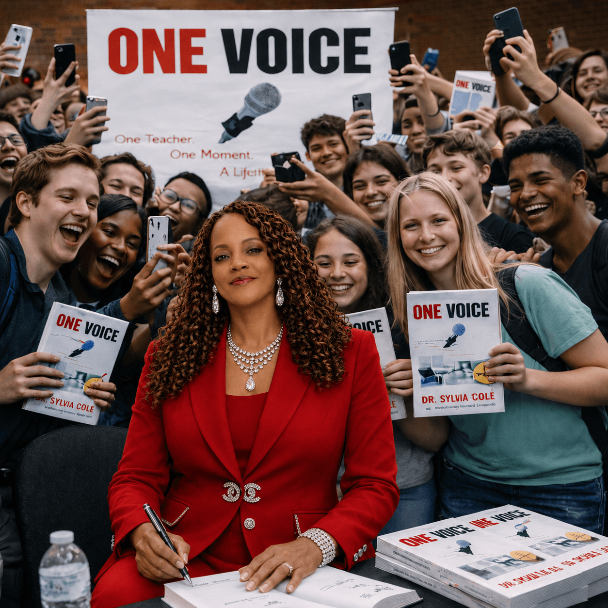 Woman in red blazer surrounded by smiling people holding signs and phones at a rally.