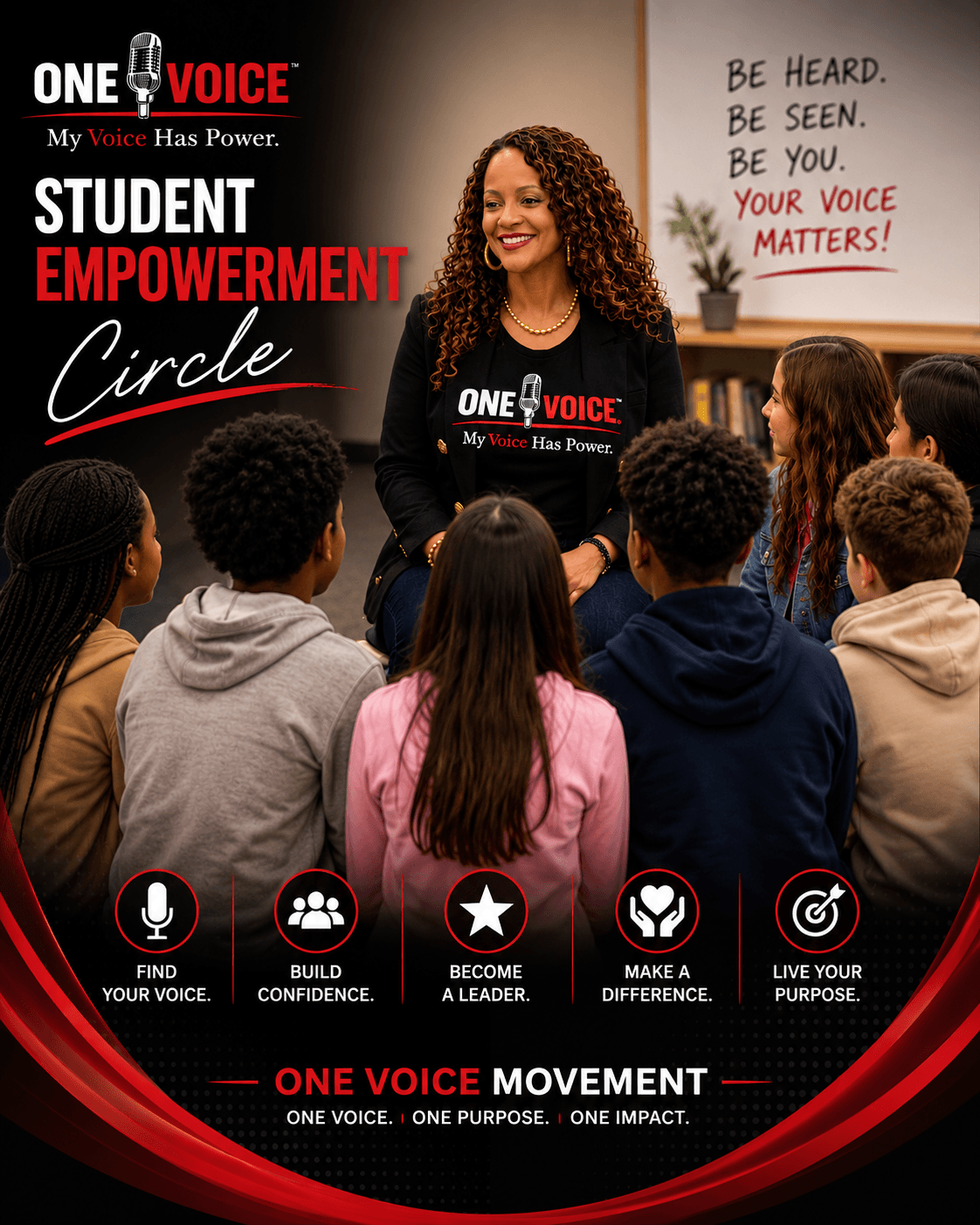 A woman with curly hair speaking to a group of students in a classroom, with a whiteboard behind her. Text promotes student empowerment.