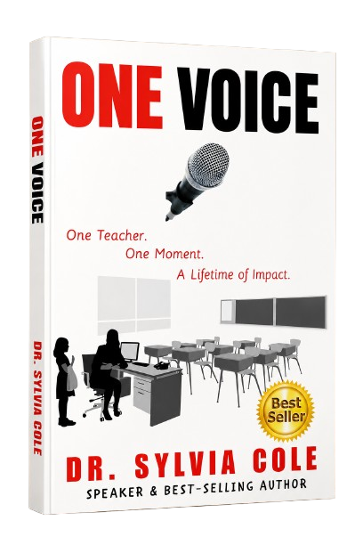 Book cover titled 'One Voice' with a microphone, classroom scene, and a gold 'Best Seller' badge.