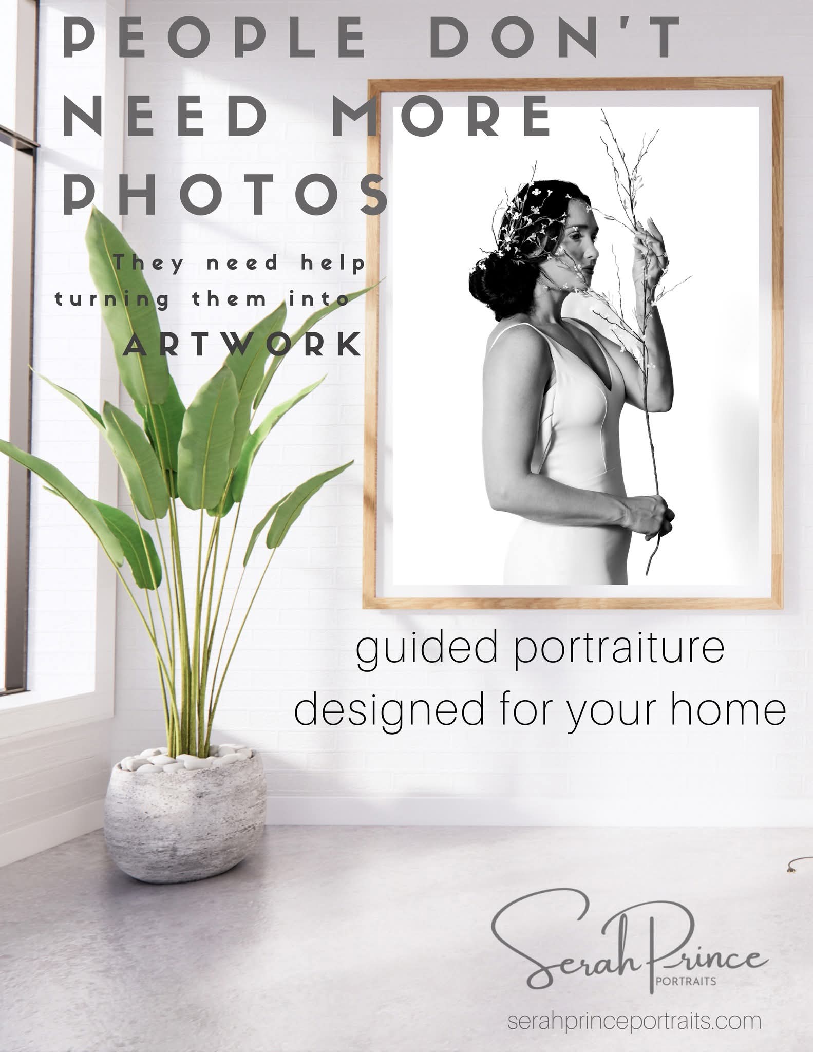 Framed black-and-white portrait of a woman holding a leafless branch, with a potted plant nearby and text about photography and home decor.