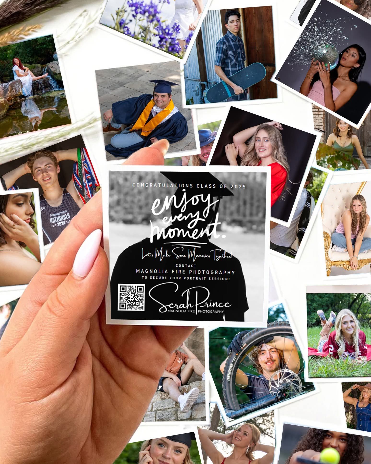 Hand holding a graduation photo card with a black background and white text, surrounded by various personal photos.