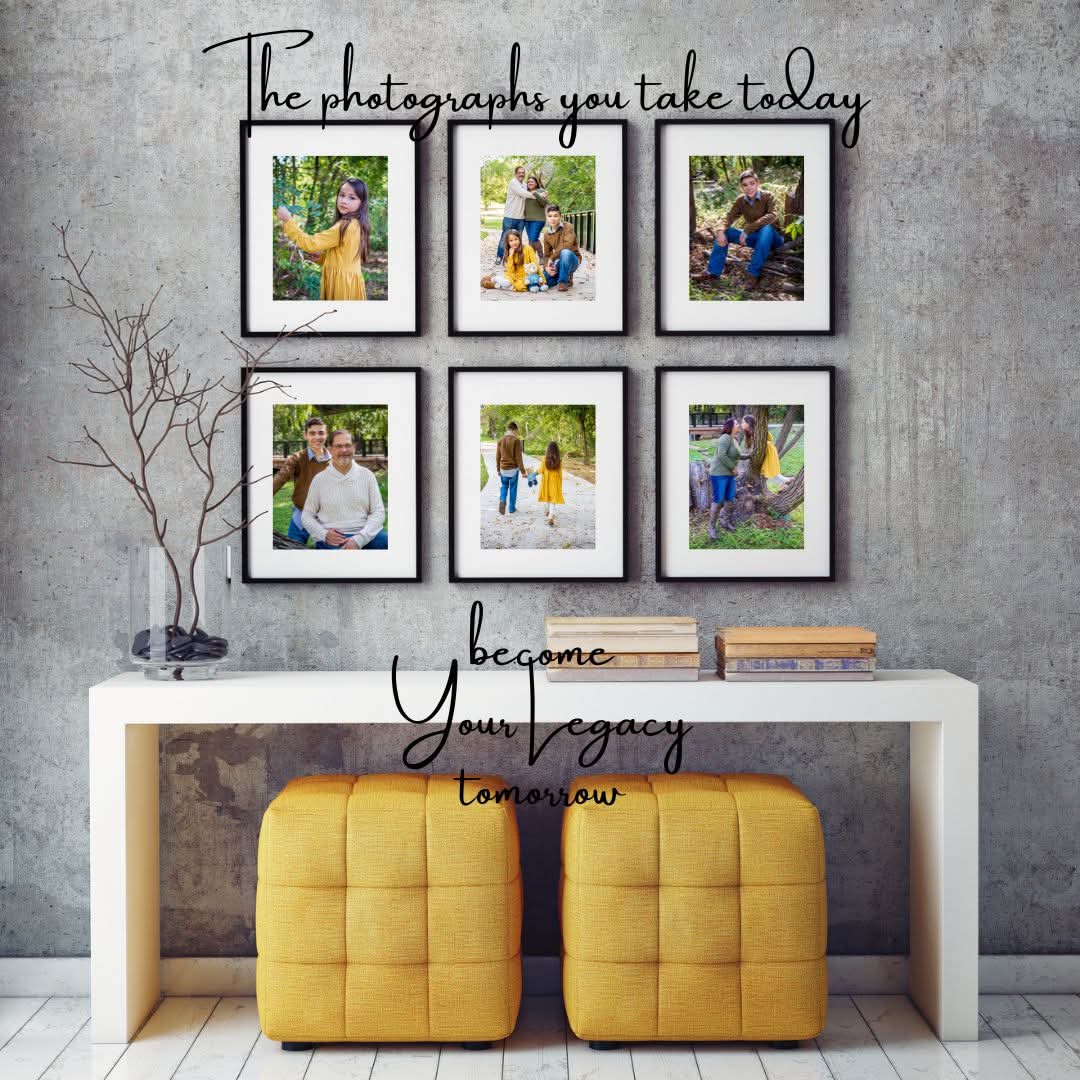 Wall with six framed photographs, text overlay, white table, yellow ottomans, and a leafless tree branch, in a modern interior.