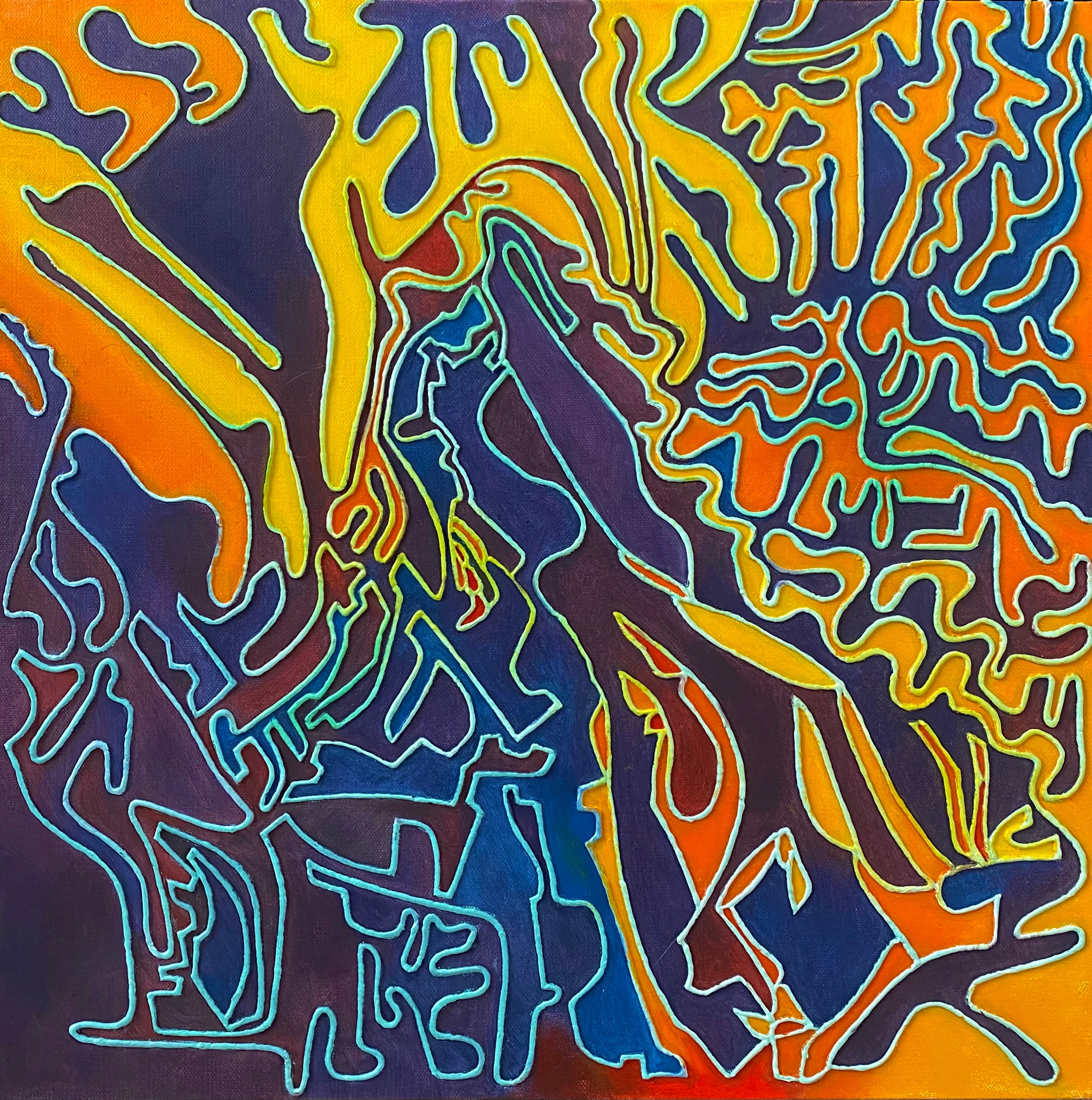 Abstract colorful lines and shapes forming a complex pattern with vibrant colors including yellow, blue, orange, and purple.