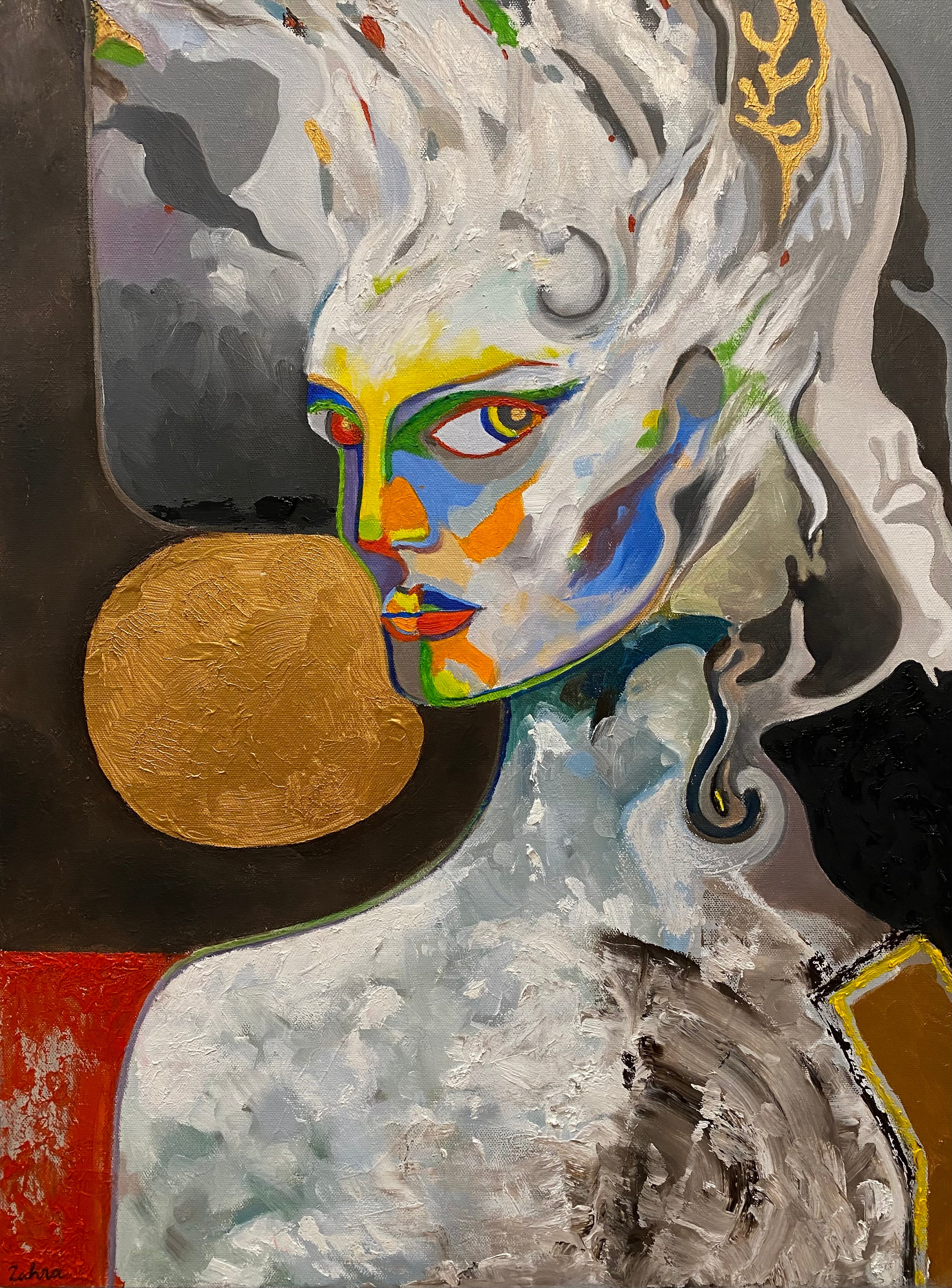 Abstract portrait of a woman with colorful face paint, white hair, and a gold circular object, against a dark background.