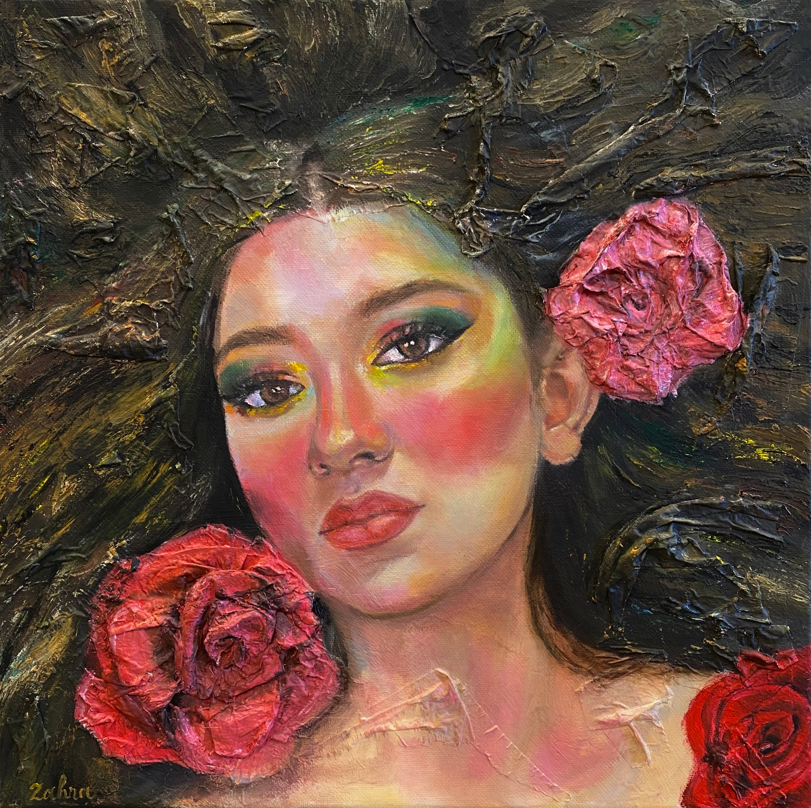 Portrait of a woman with makeup, surrounded by large pink and red roses, lying on a textured dark background.