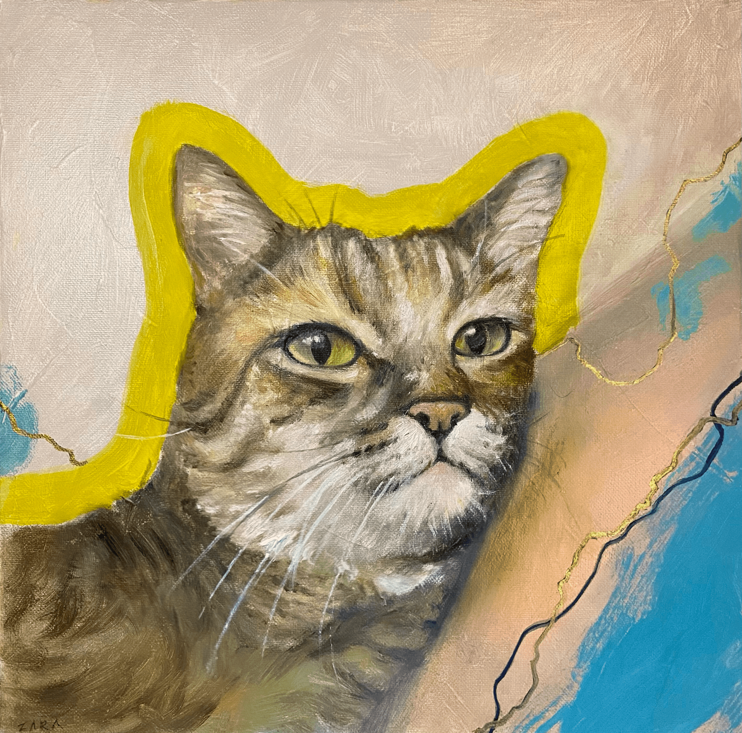Painting of a cat with a yellow outline, realistic face, and colorful background, facing slightly to the right.