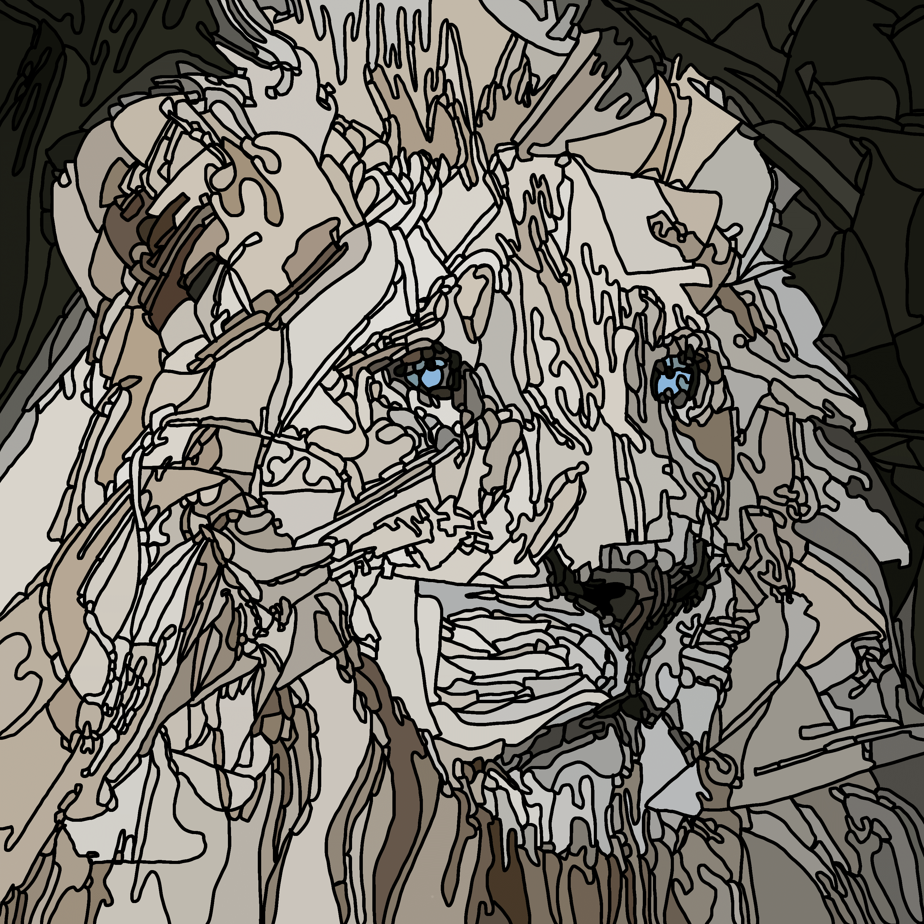 Line art of a lion's face with detailed features and expressive eyes, in a neutral color palette.