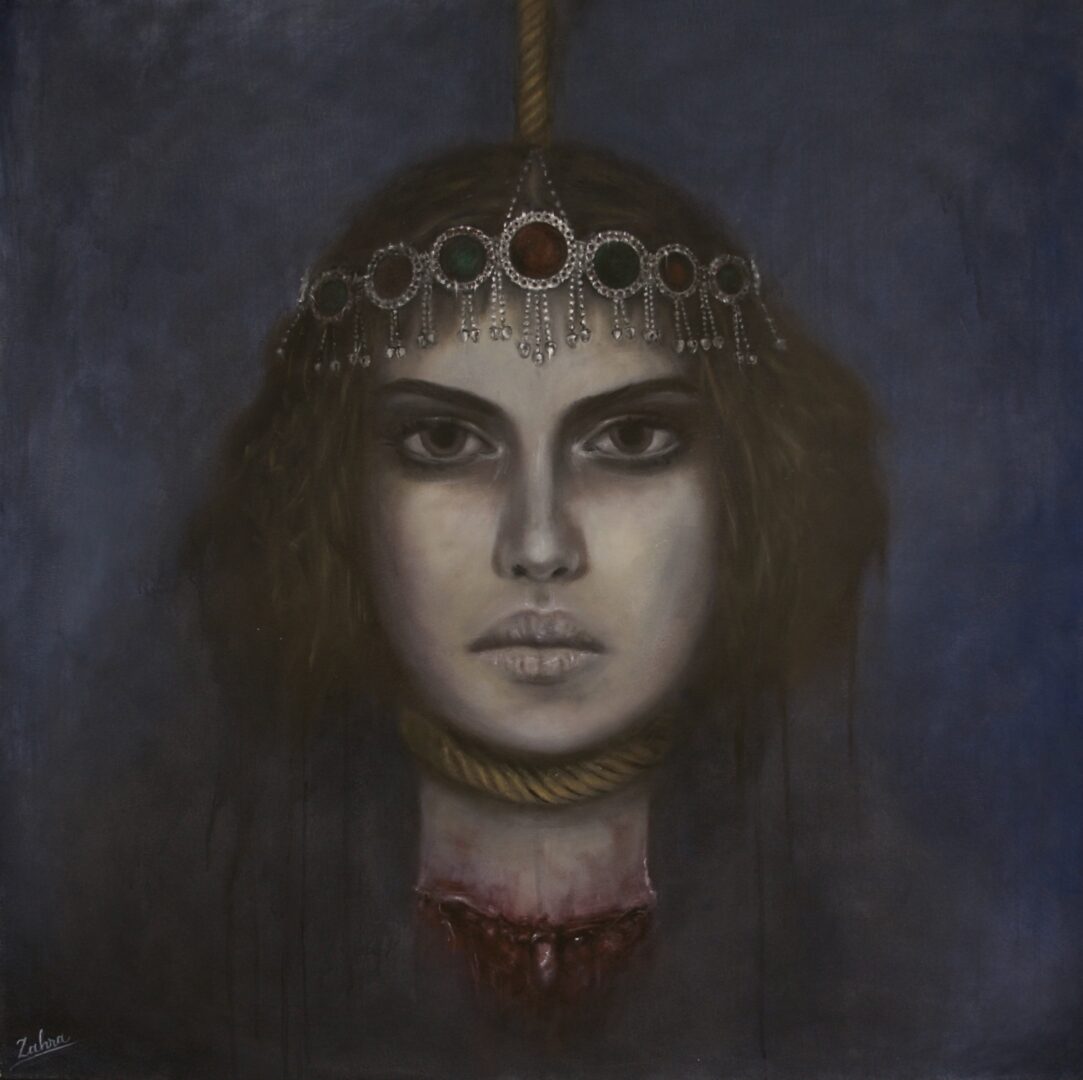 Portrait of a woman with dark hair, wearing a decorative headpiece and a choker, with a dark background.