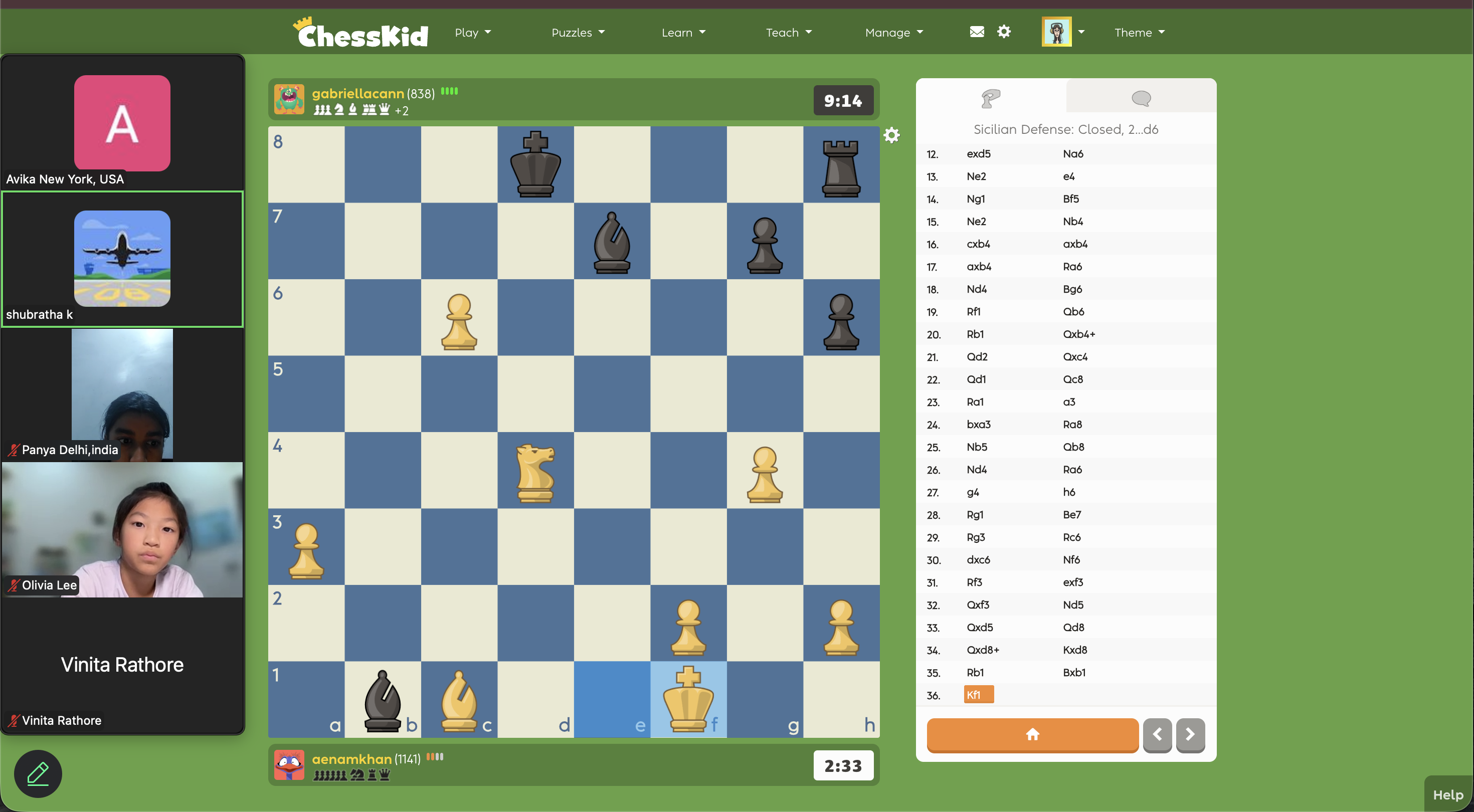 Online chess game with four players, a green background, and a move list on the right side.
