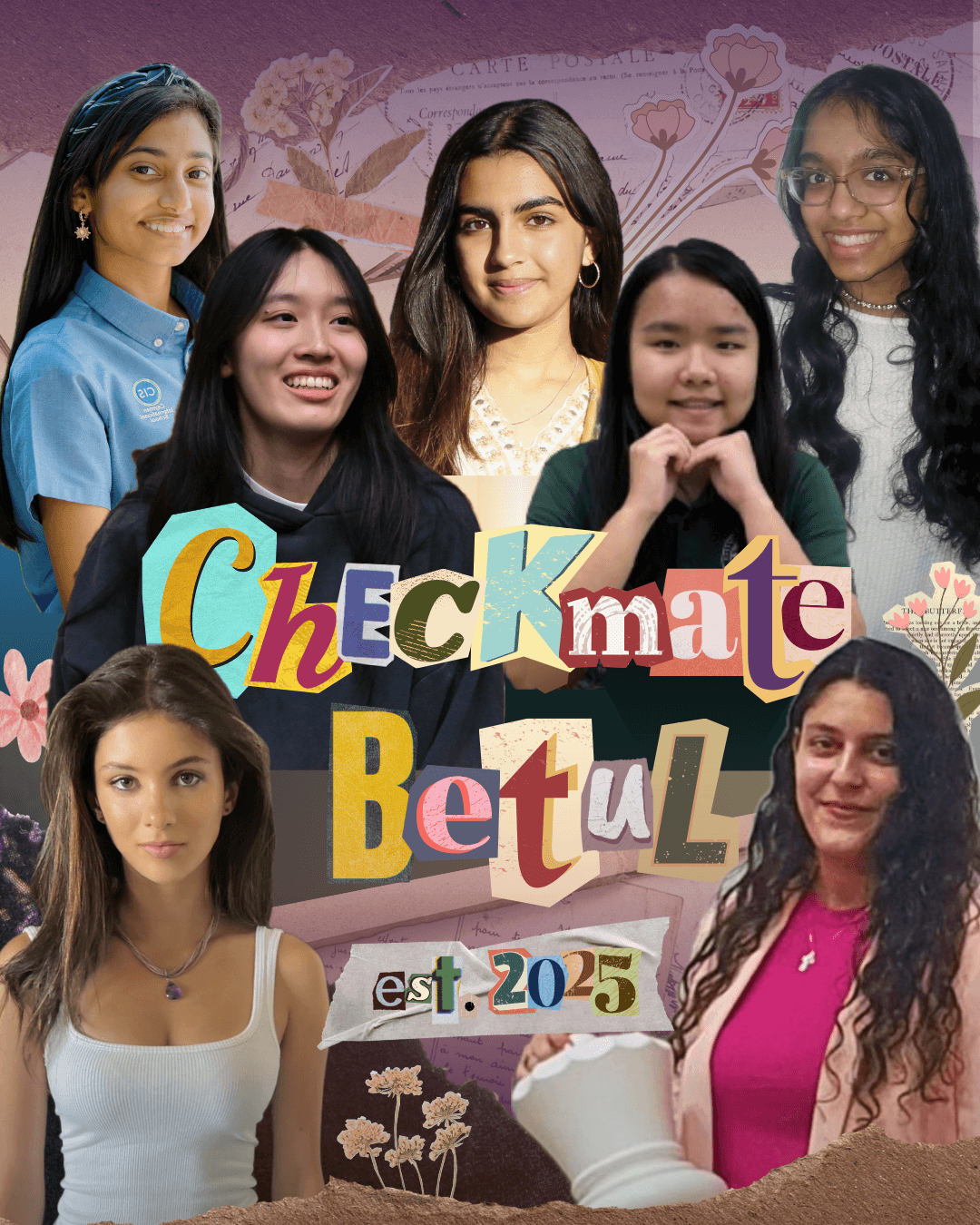Group of seven young girls smiling, holding colorful letters spelling 'Checkmate Betul,' with a pink background and floral decorations.